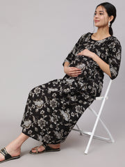 Women Black Floral Printed Flared Maternity Dress