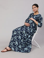 Women Blue Floral Printed Flared Maternity Dress