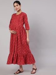 Women Maroon Printed Flared Maternity Dress