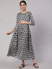 Women Black Geometric Printed Flared Maternity Dress