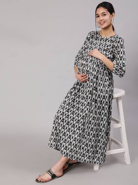 Women Black Geometric Printed Flared Maternity Dress