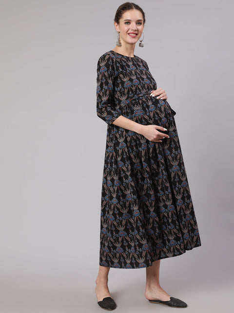 Women Black Floral Printed Flared Maternity Dress