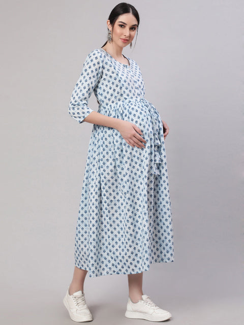 Women Off White & Blue Floral Printed Maternity Dress With Three Quarter Sleeves