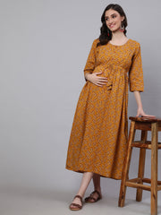 Women Mustard Printed Flared Maternity Dress