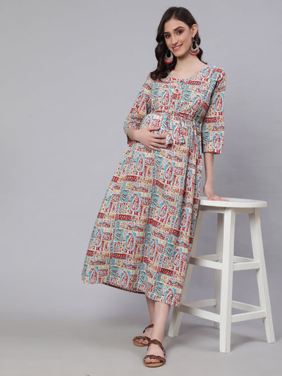Women Multi Printed Flared Maternity Dress