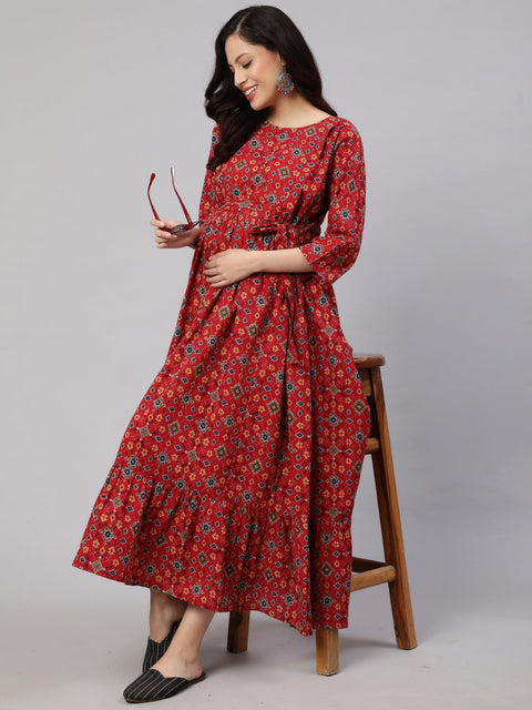 Women Maroon Printed Flared Maternity Dress