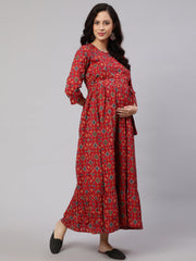 Women Maroon Printed Flared Maternity Dress