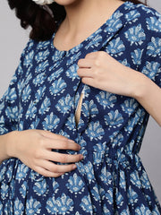 Women Blue Floral Printed Flared Maternity Dress