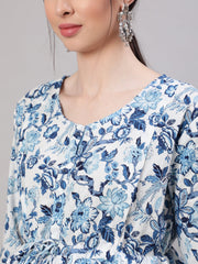 Women Off White & Blue Floral Printed Maternity Dress With Three Quarter Sleeves