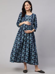 Women Blue Printed Flared Maternity Dress