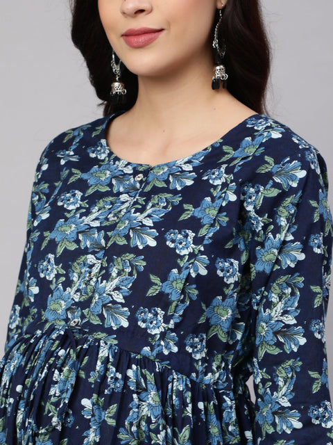 Women Blue Printed Flared Maternity Dress