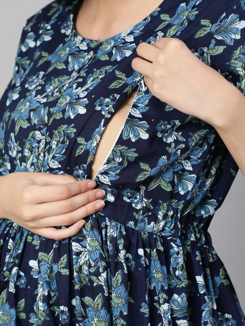 Women Blue Printed Flared Maternity Dress