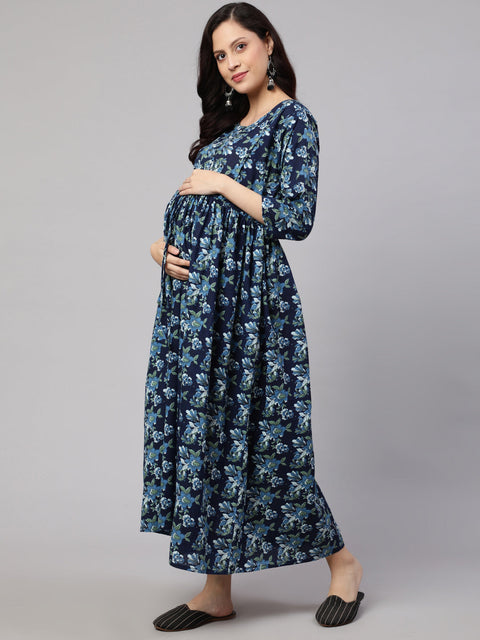 Women Blue Printed Flared Maternity Dress