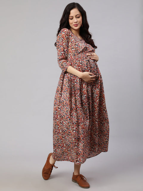 Women Multi Printed Flared Maternity Dress