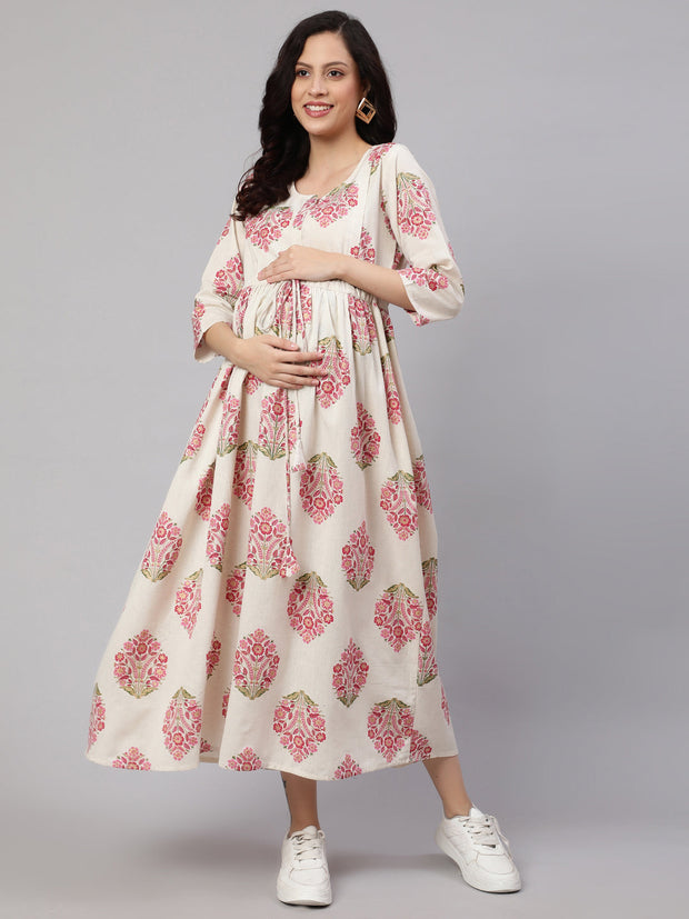 Women Off White & Blue Floral Printed Maternity Dress With Three Quarter Sleeves