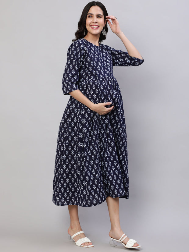 Women Navy Blue Printed Flared Maternity Dress