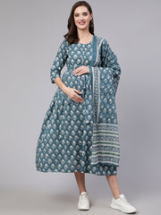 Women Blue Printed Flared Maternity Dress With Dupatta