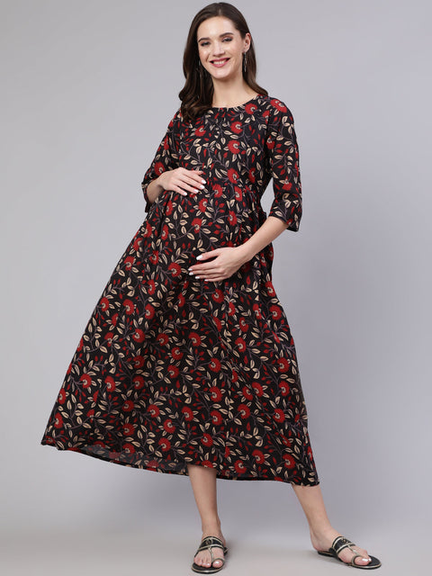 Women Black Floral Printed Flared Maternity Dress Nayo Clothing Women Black Floral Printed Flared Maternity Dress Nayo Clothing