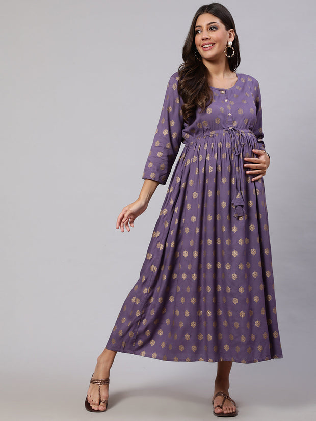 Women Purple Printed Flared Maternity Dress