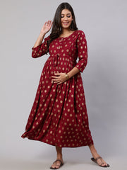 Women Burgundy Printed Flared Maternity Dress