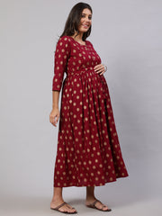 Women Burgundy Printed Flared Maternity Dress