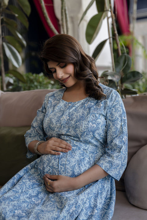 Women Blue Printed Flared Maternity Dress