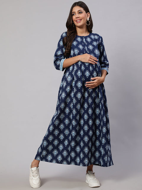 Women Navy Blue Printed Flared Maternity Dress