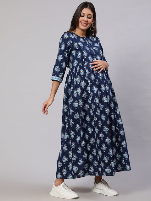 Women Navy Blue Printed Flared Maternity Dress