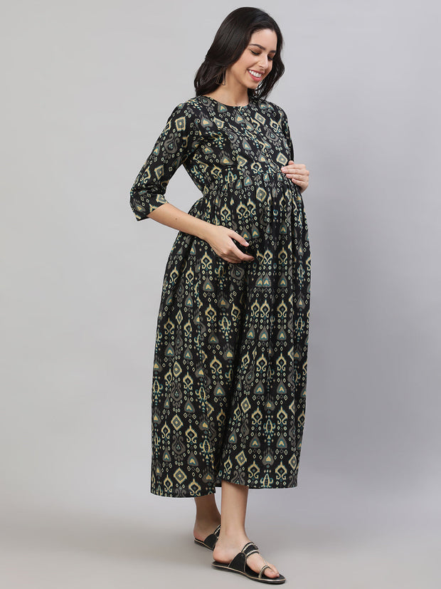 Women Black Printed Flared Maternity Dress