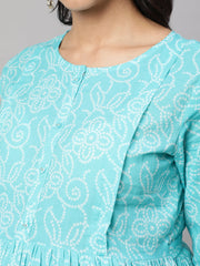 Women Sky Blue Printed Flared Maternity Dress
