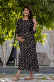 Women Black & Gold Printed Flared Maternity Dress