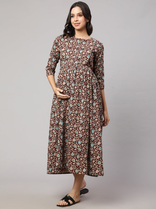 Women Brown Floral Printed Flared Maternity Dress