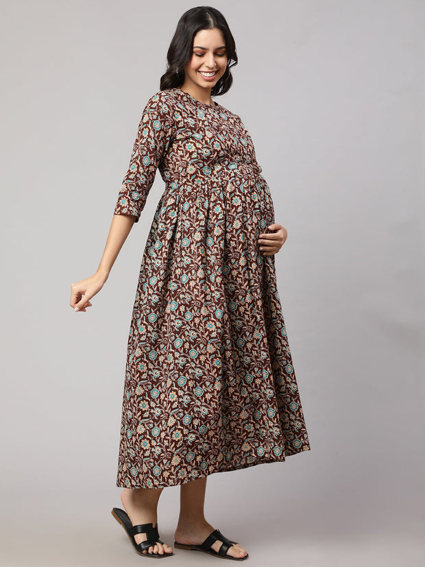 Women Brown Floral Printed Flared Maternity Dress