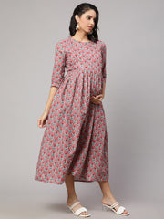 Women Mauve Floral Printed Flared Maternity Dress