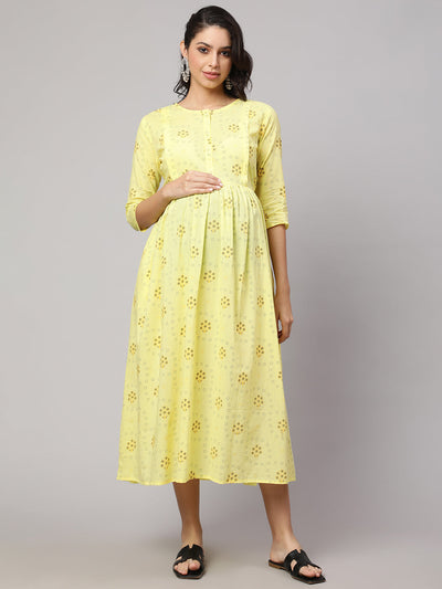 Women Lemon Yellow Printed Maternity Dress