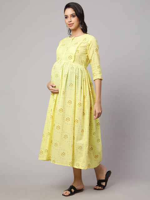 Women Lemon Yellow Printed Maternity Dress