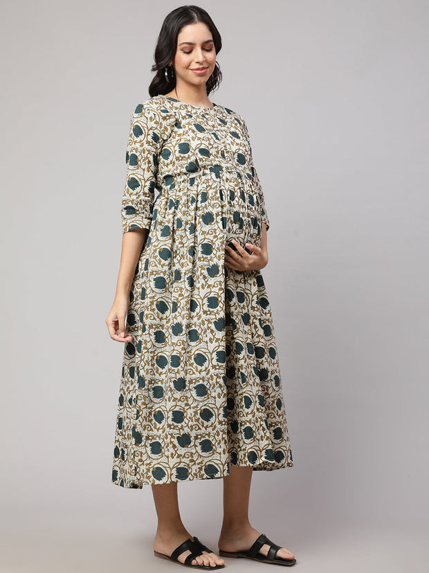 Women Beige Printed Flared Maternity Dress