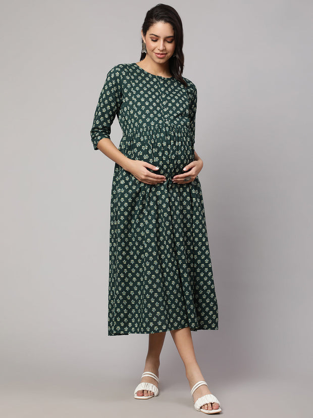 Women Green Ethnic Printed Maternity Dress