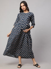 Women Blue Printed Flared Maternity Dress