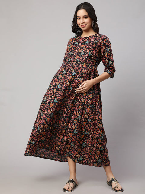 Women Black Printed Flared Maternity Dress