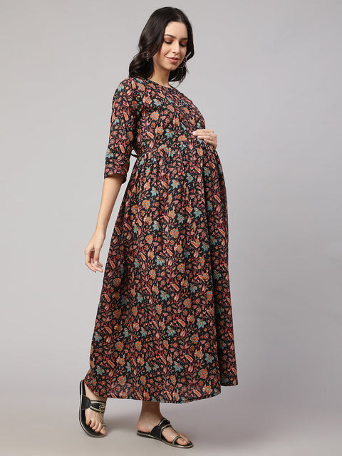 Women Black Printed Flared Maternity Dress