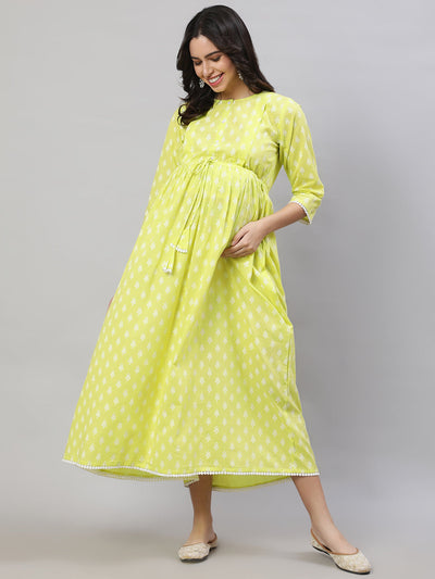 Women Yellow Printed Flared Maternity Dress
