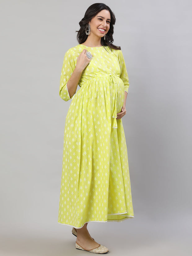 Women Yellow Printed Flared Maternity Dress
