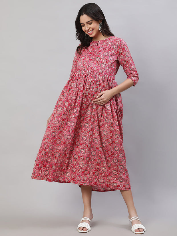 Women Pink Printed Flared Maternity Dress