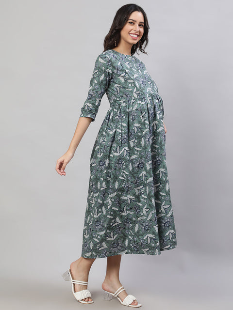 Women Green Printed Flared Maternity Dress