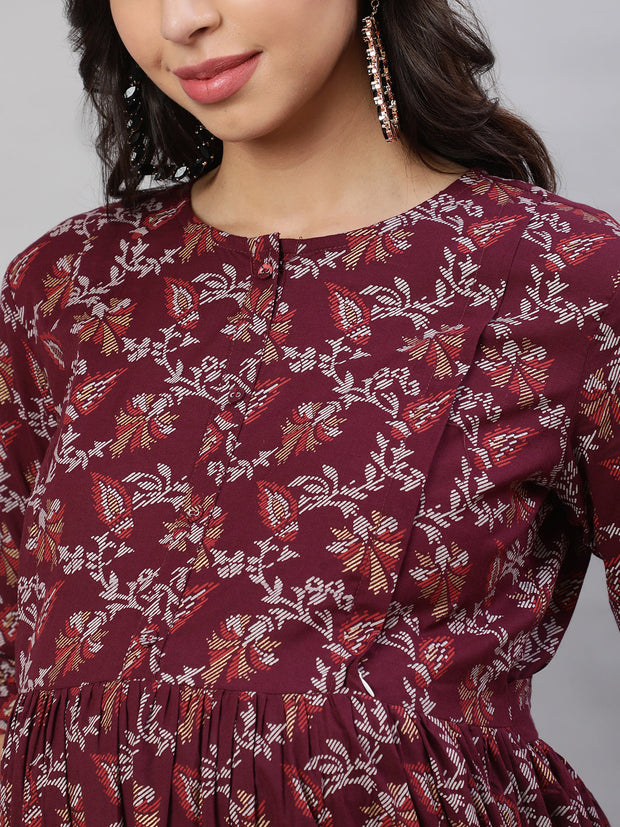 Women Burgundy Printed Flared Maternity Dress