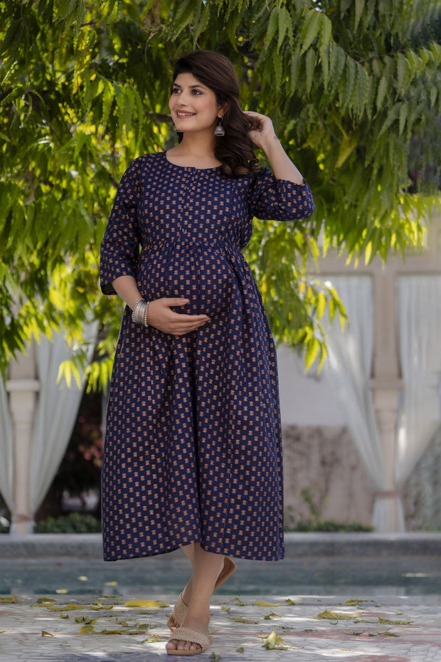 Women Navy Blue Printed Flared Maternity Dress