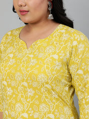 Women Lime Green & Gold Floral Printed Straight kurta with Plazo & Dupatta