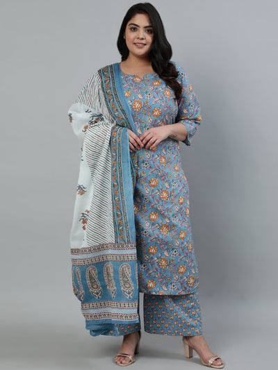 Women Blue Pure Cotton Floral Printed Regular Kurta With Trousers & Dupatta