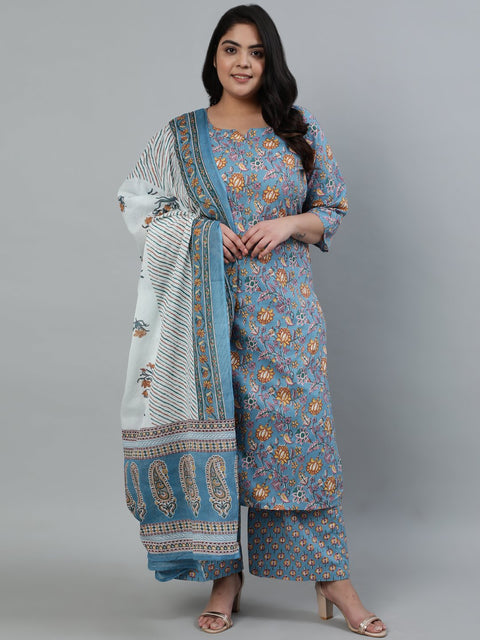 Women Blue Pure Cotton Floral Printed Regular Kurta With Trousers & Dupatta